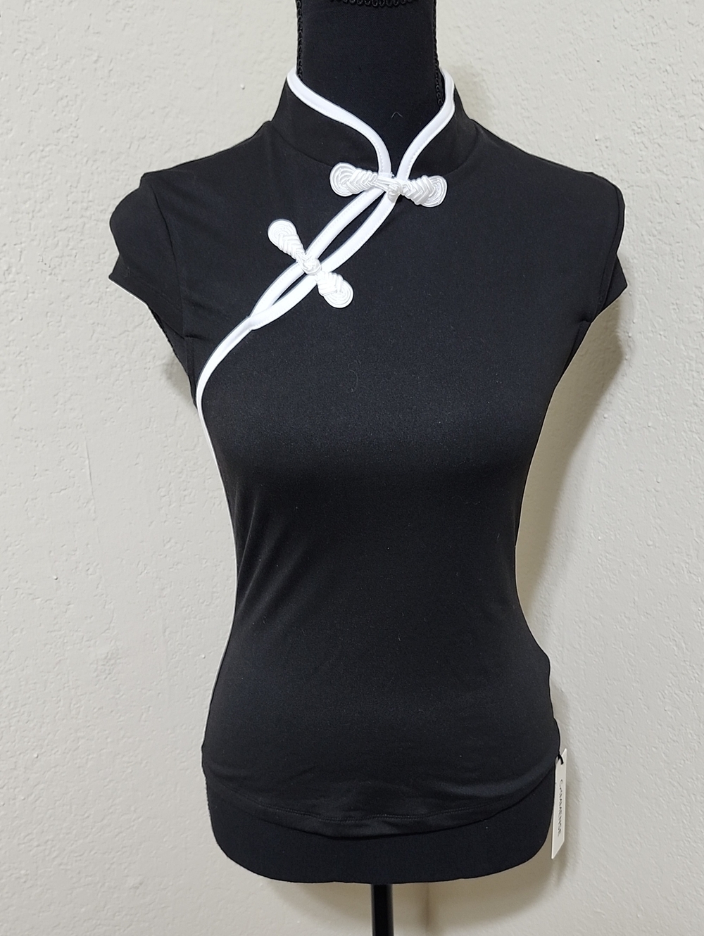 COMMENSE Contrast Frog Button Short Sleeve Cheongsam Top Black XS NWT Y2K Style